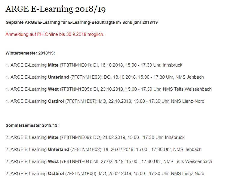 Termine ARGE E-Learning 2018/19