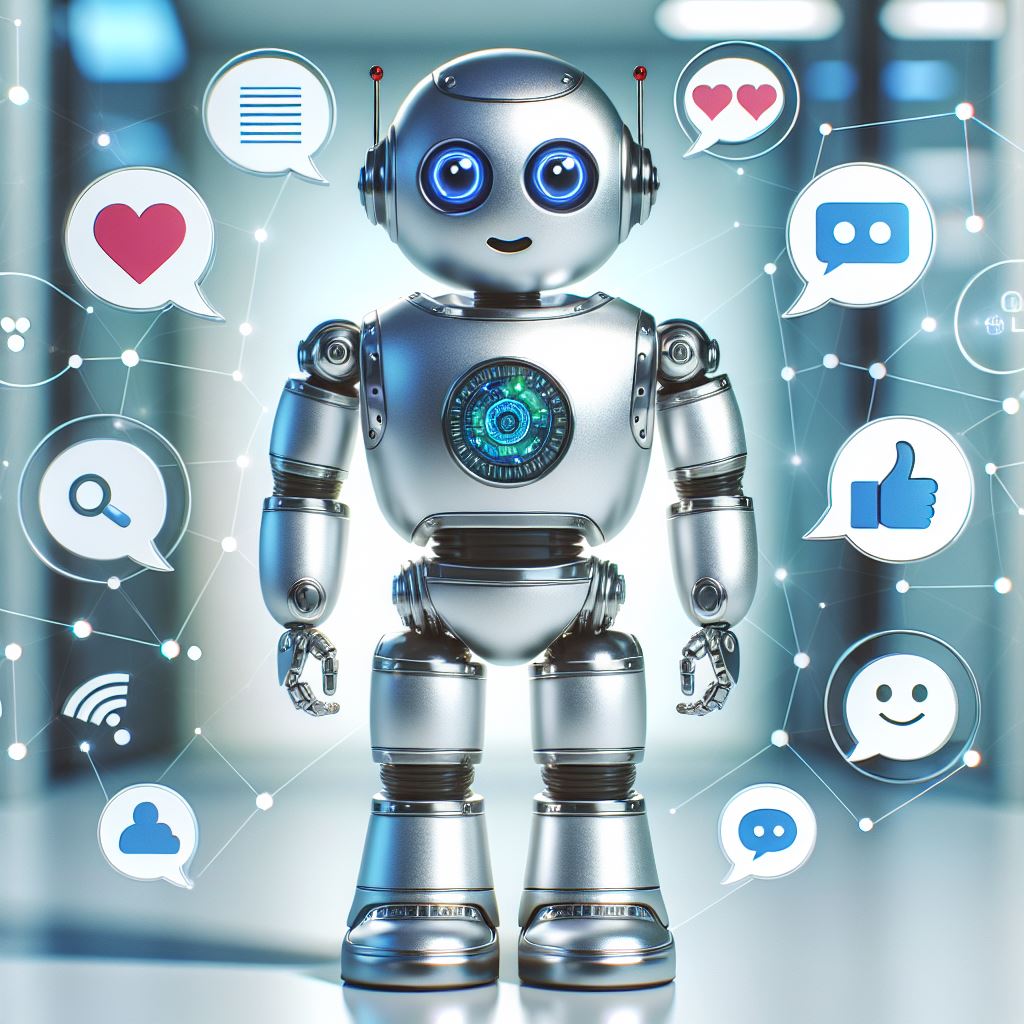 Ein Roboter, der mit anderen in Sprechblasen kommuniziert