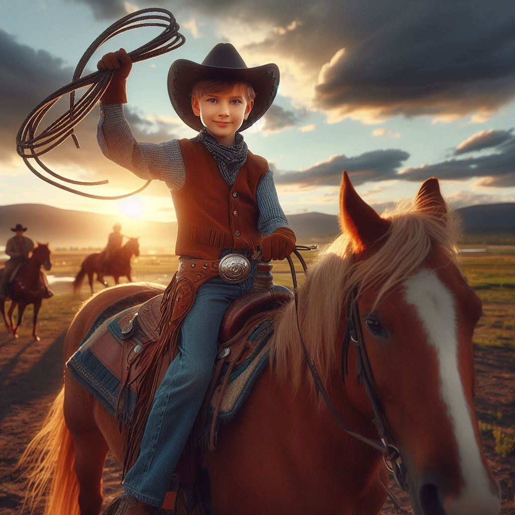 John, ein zehnjähriger Junge, sitzt als Cowboy auf einem Pferd und schwingt ein Lasso