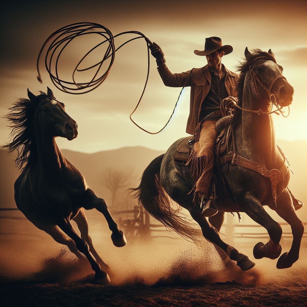 ein Cowboy wirft mit einem Lasso nach eine Pferd
