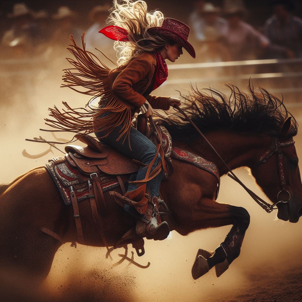 Cowgirl beim Ritt auf einem Pferd beim Rodeo