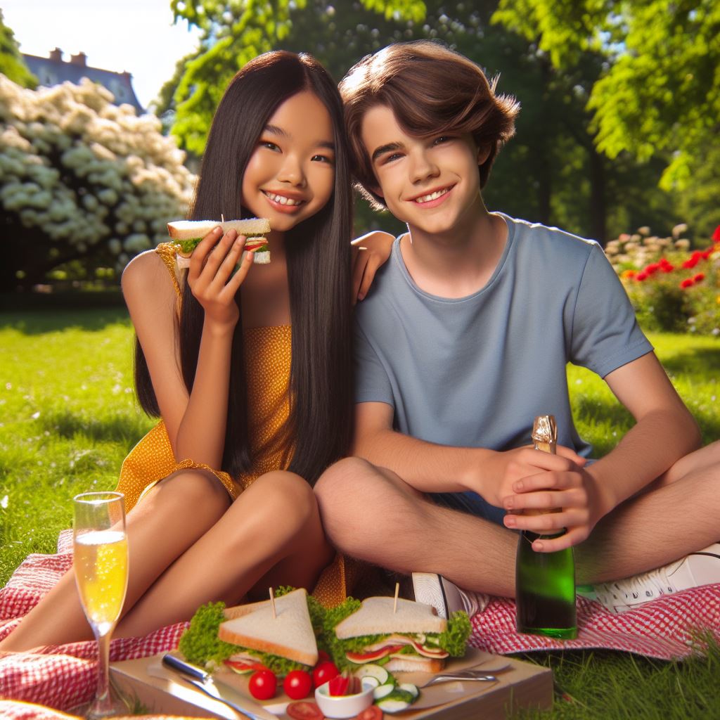 A teenage girl and boy having a picknick in a park with sandwiches and a sparkling juice.