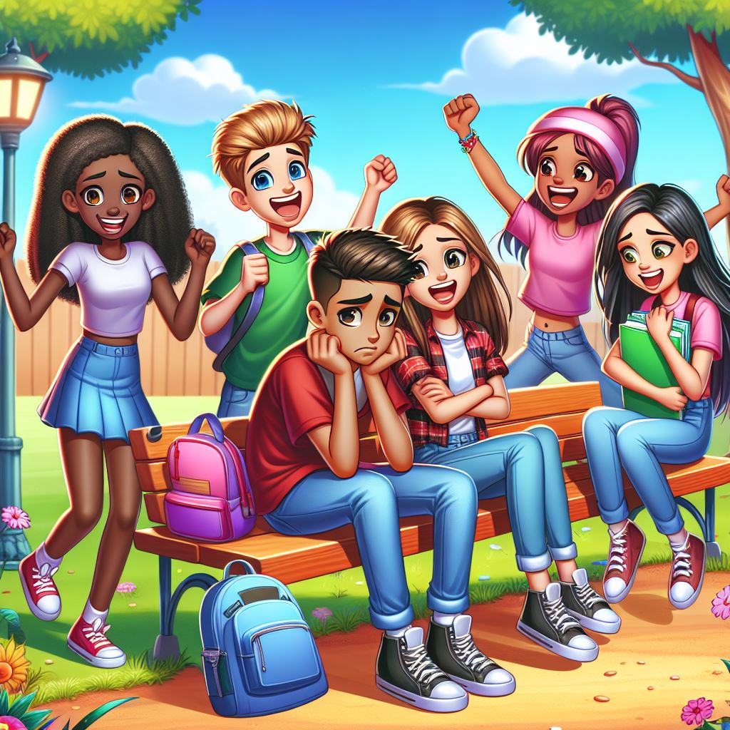 Some teenagers are in a park on a sunny day, some sit on a bench, the others stand around it. Lots of emotions.
