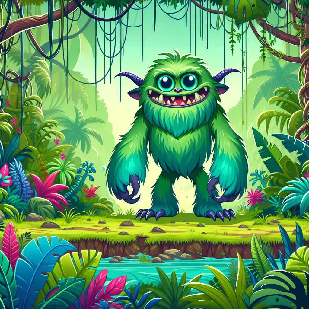 happy monster with green fur and big eyes and sharp teeth
