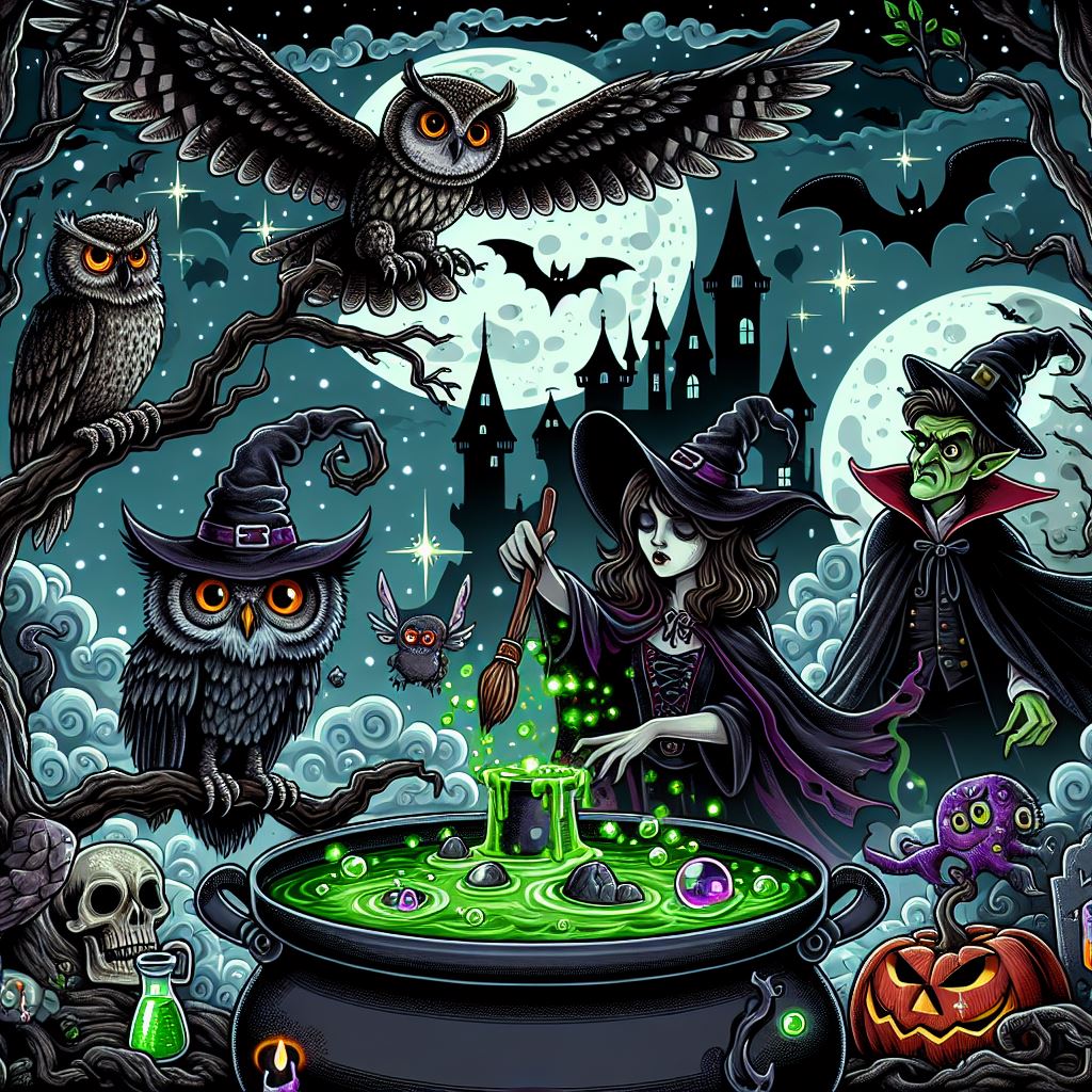 a magical world with owls and bats and a witch and a wizard and a big cauldron in the middle
