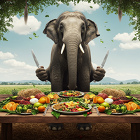 Elefant sitzt mit zwei Messern in der Hand an einem reicht gedeckten Tisch