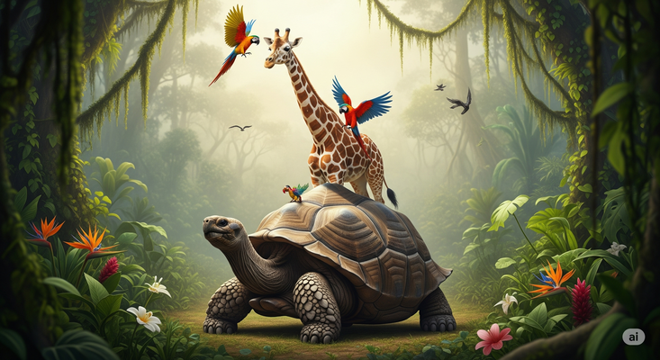 Riesenschildkröte, Giraffe und Papagei bilden einen Turm wie die Bremer Stadtmusikanten