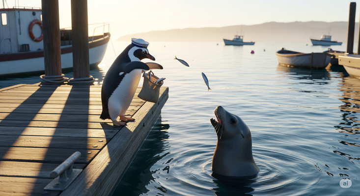 Pinguin füttert einen Seelöwen