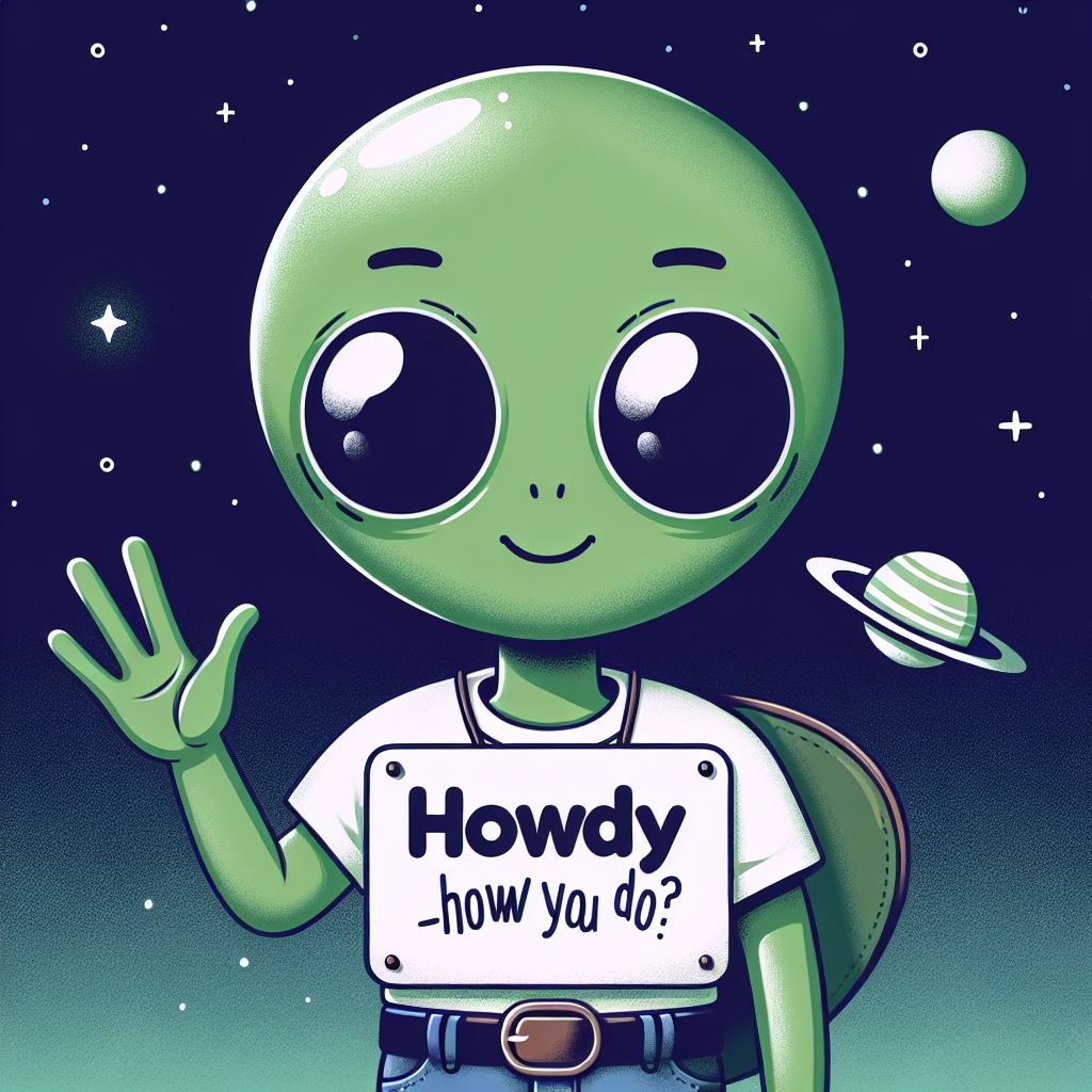 Morph, the alien, is waving and smiling from out of space