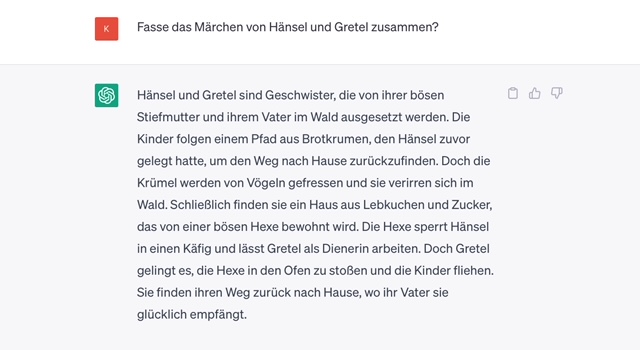 Prompt mit Text (ChatGTP) zum Thema Hänsel und Gretel